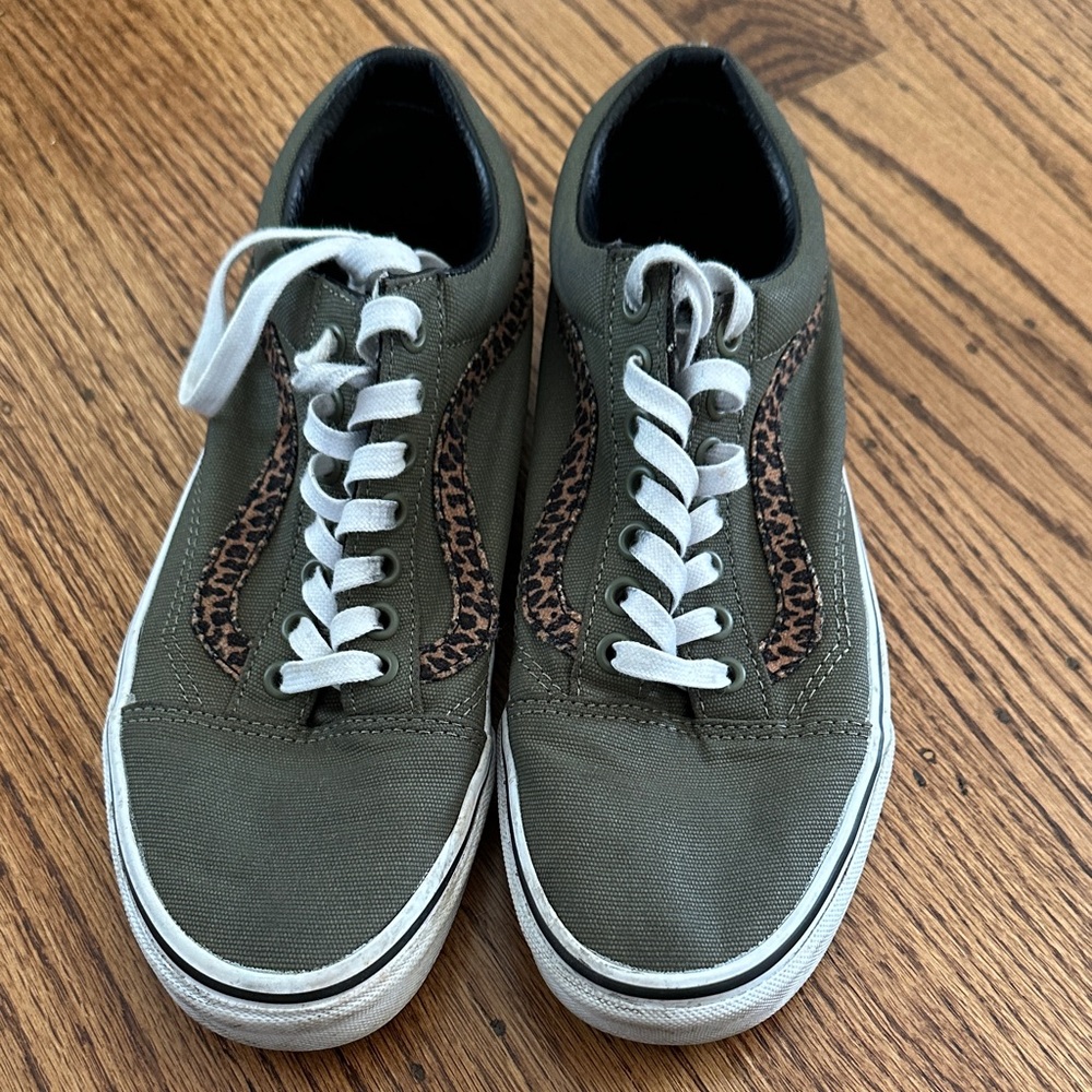 Green Vans with Leopard Print Logo